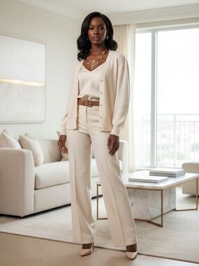 VTG Adele Joyce Puff Sleeve Ribbed Cardigan L Cream Wool Angora Pearl Button